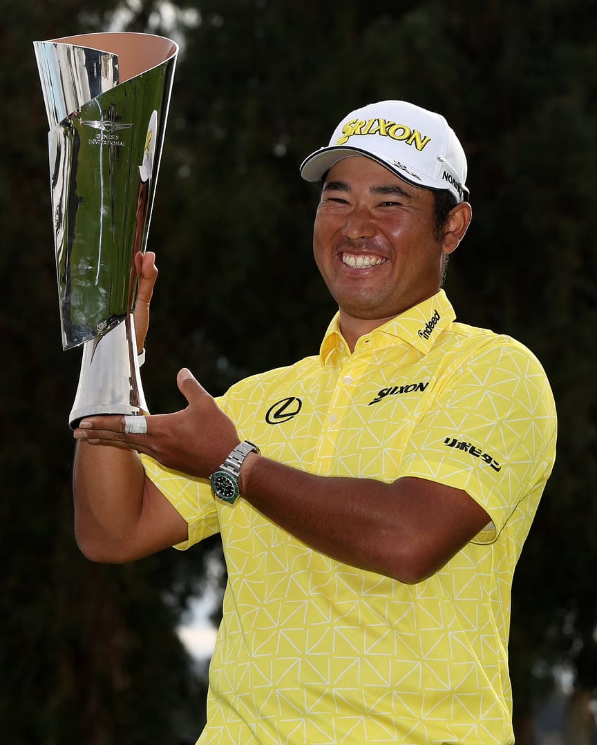 Hideki Matsuyama Holding the Trophy at Genesis Invitational 2024